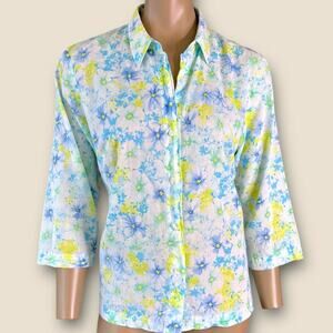 Talbots Vintage Floral Button Up Shirt 3/4 Sleeves Size M Lightweight Cotton USA
